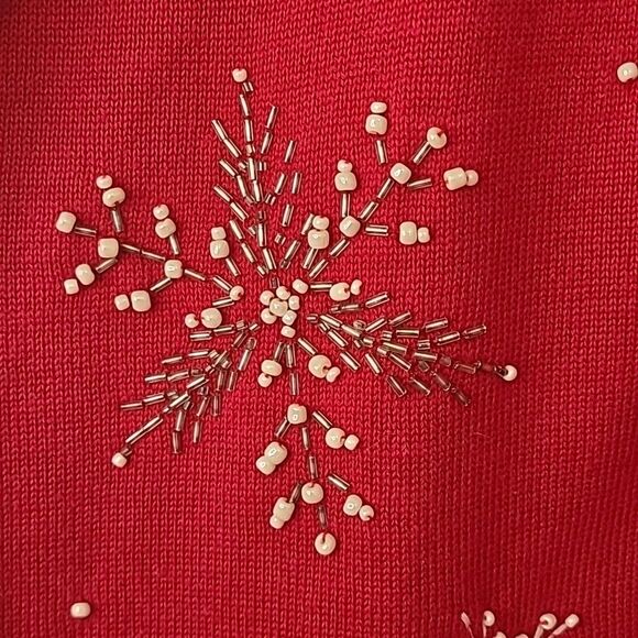 Norm Thompson Beaded Snowflake Zip Front Cotton Cardigan Sweater Red Size L - Picture 4 of 13